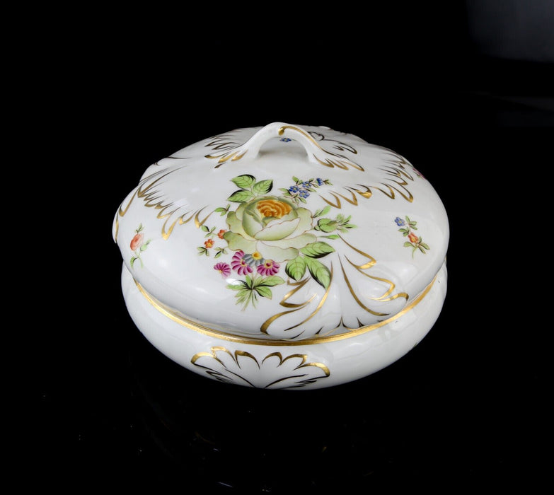 HEREND HUNGARY GOLD AND WHITE FLORAL ROUND TRINKET LIDDED BOX