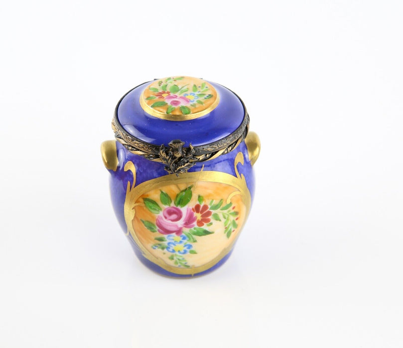 LIMOGES, FRANCE ROYAL BLUE FLORAL HANDLED POT ENAMEL TRINKET PILL JEWELLERY BOX