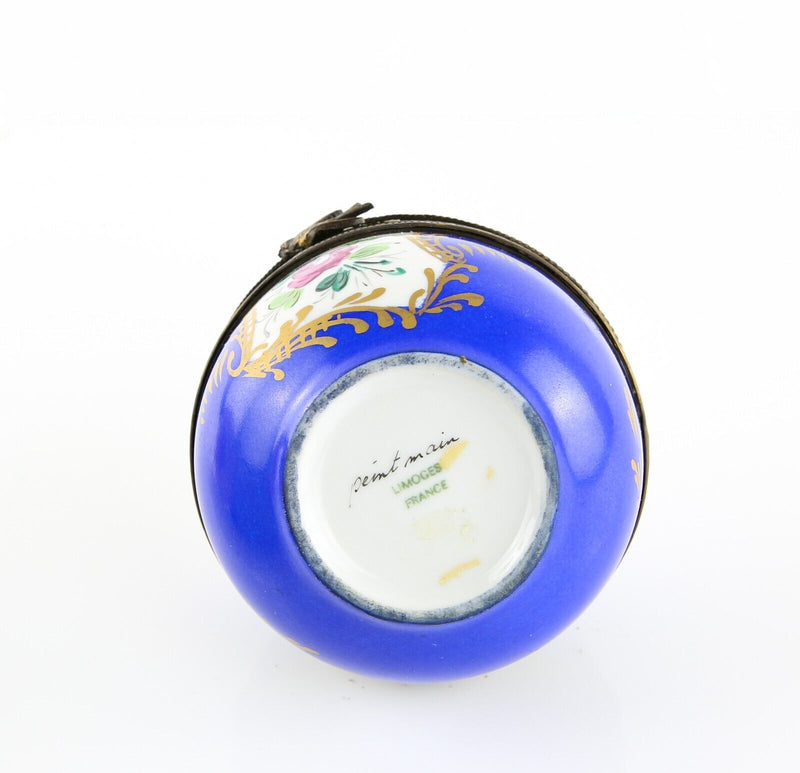LIMOGES, FRANCE BLUE BIRD FLORAL ROUND TRINKET PILL BOX POT POURI