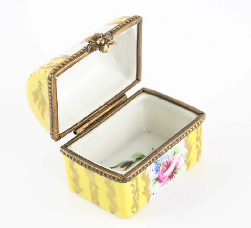 LIMOGES, FRANCE YELLOW FLORAL TRUNK CHEST ENAMEL TRINKET PILL JEWELLERY BOX