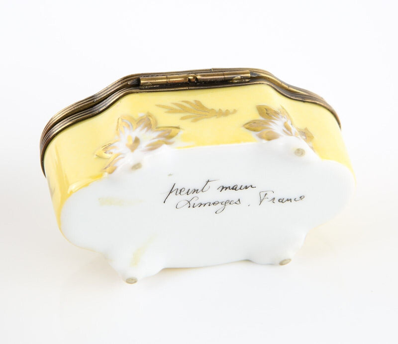 LIMOGES, FRANCE YELLOW FOOTED FLORAL CHEST ENAMEL TRINKET PILL JEWELLERY BOX