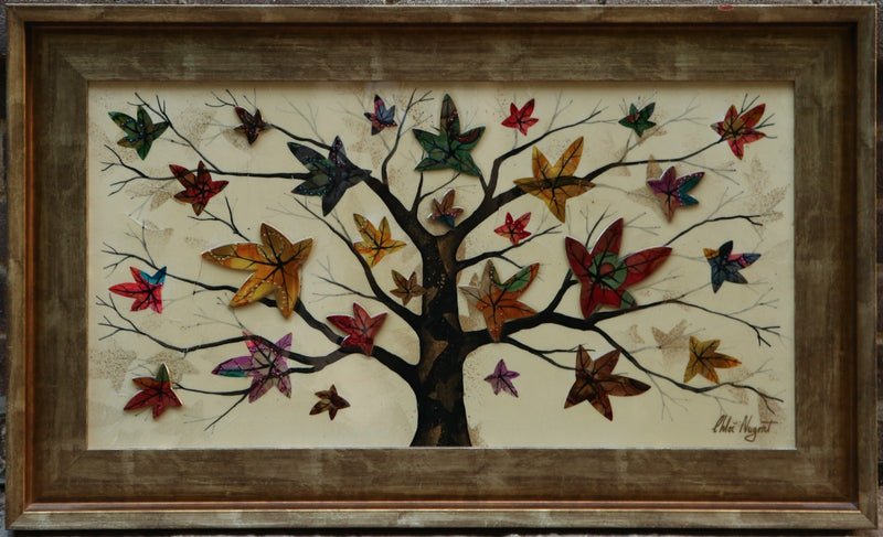 CHLOE NUGENT 'WINTERS COMING' TREE LEAVES ORIGINAL MIXED MEDIA PAINTING, SIGNED