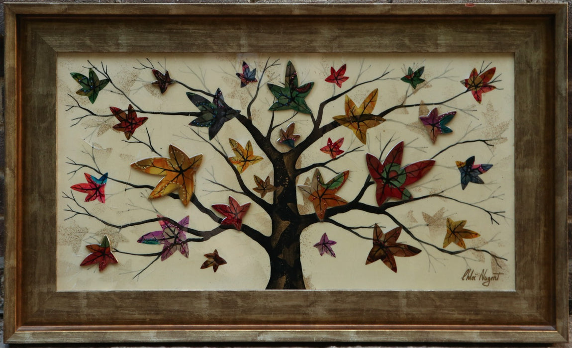 CHLOE NUGENT 'WINTERS COMING' TREE LEAVES ORIGINAL MIXED MEDIA PAINTING, SIGNED