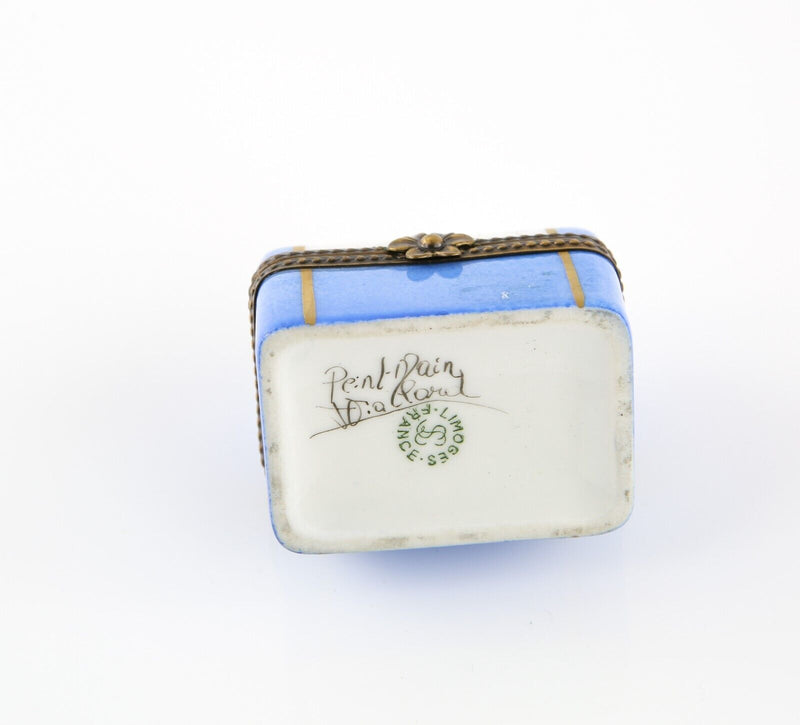 LIMOGES, FRANCE BLUE FLORAL CHEST TRUNK ENAMEL TRINKET PILL JEWELLERY BOX