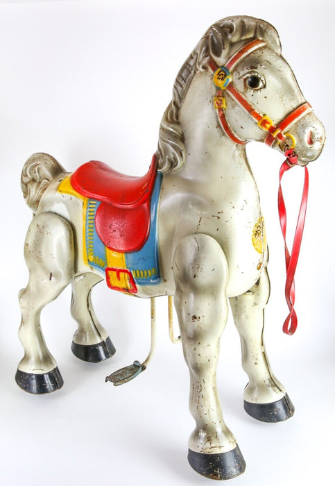 MOBO, ENGLAND - VINTAGE TIN METAL COLLECTABLE CHILDS RIDE-ON BRONCO HORSE TOY