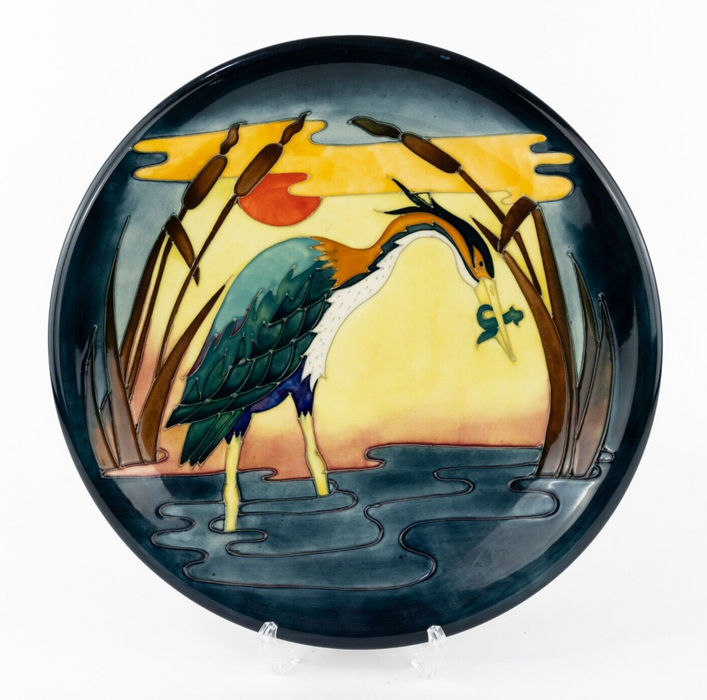 MOORCROFT POTTERY 'HERON & REEDS AT SUNSET' 1988 LARGE BULLRUSHES CHARGER PLATE