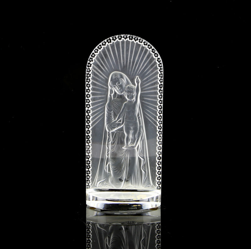 LALIQUE, FRANCE - 'MADONNA AND CHILD' CRYSTAL GLASS PLAQUE MODEL, SIGNED & BOXED