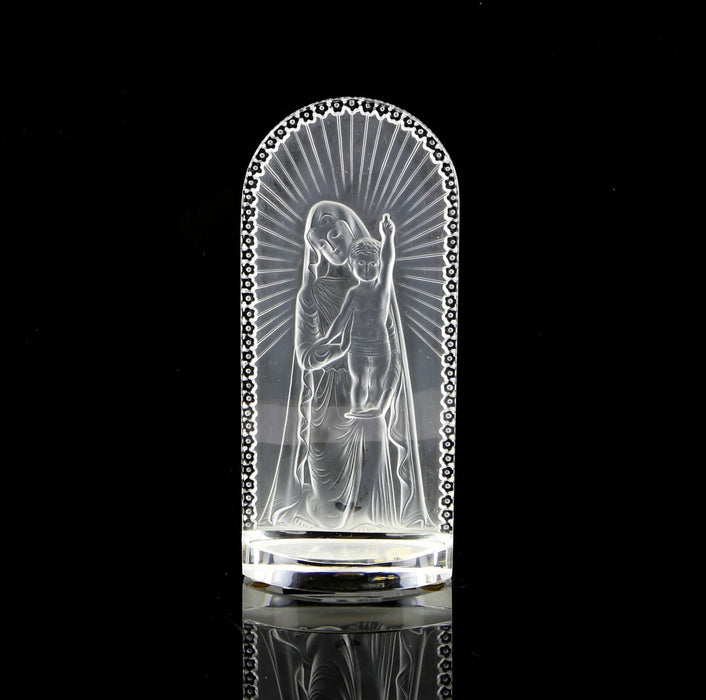LALIQUE, FRANCE - 'MADONNA AND CHILD' CRYSTAL GLASS PLAQUE MODEL, SIGNED & BOXED