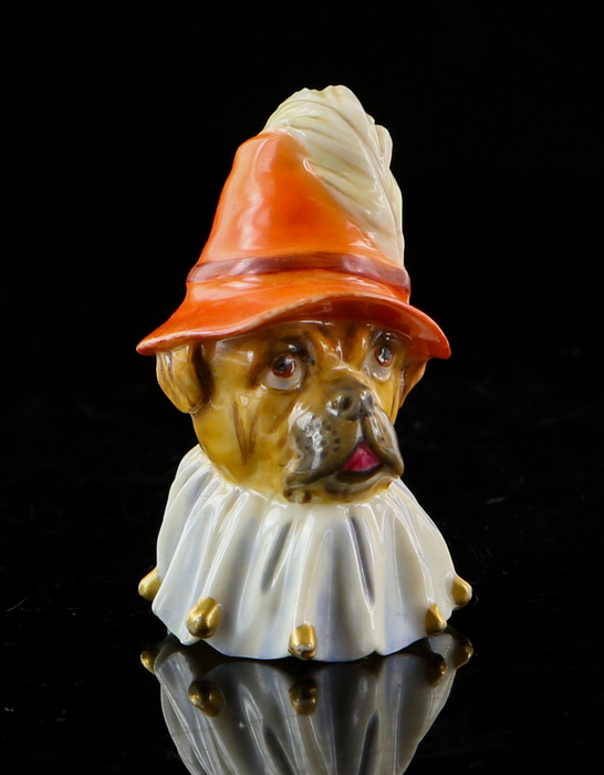 JAMES HADLEY, ROYAL WORCESTER 'TOBY' RARE PUNCH & JUDY DOG CANDLE SNUFFER FIGURE