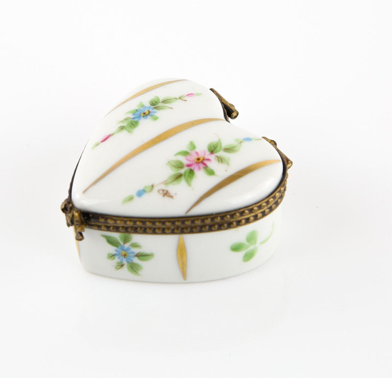 LIMOGES, FRANCE FLORAL GOLD STRIPE HEART ENAMEL TRINKET PILL JEWELLERY BOX