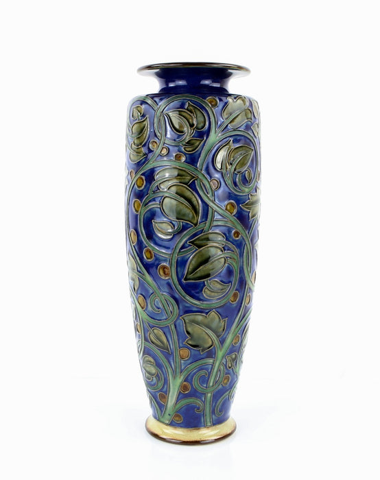 HARRY SIMEON, ROYAL DOULTON, LARGE GREEN/BLUE FOLIATE SLENDER STONEWARE VASE 417