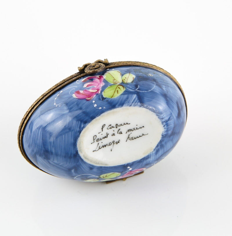 LIMOGES, FRANCE BLUE AND PINK FLORAL EGG ENAMEL TRINKET PILL JEWELLERY BOX