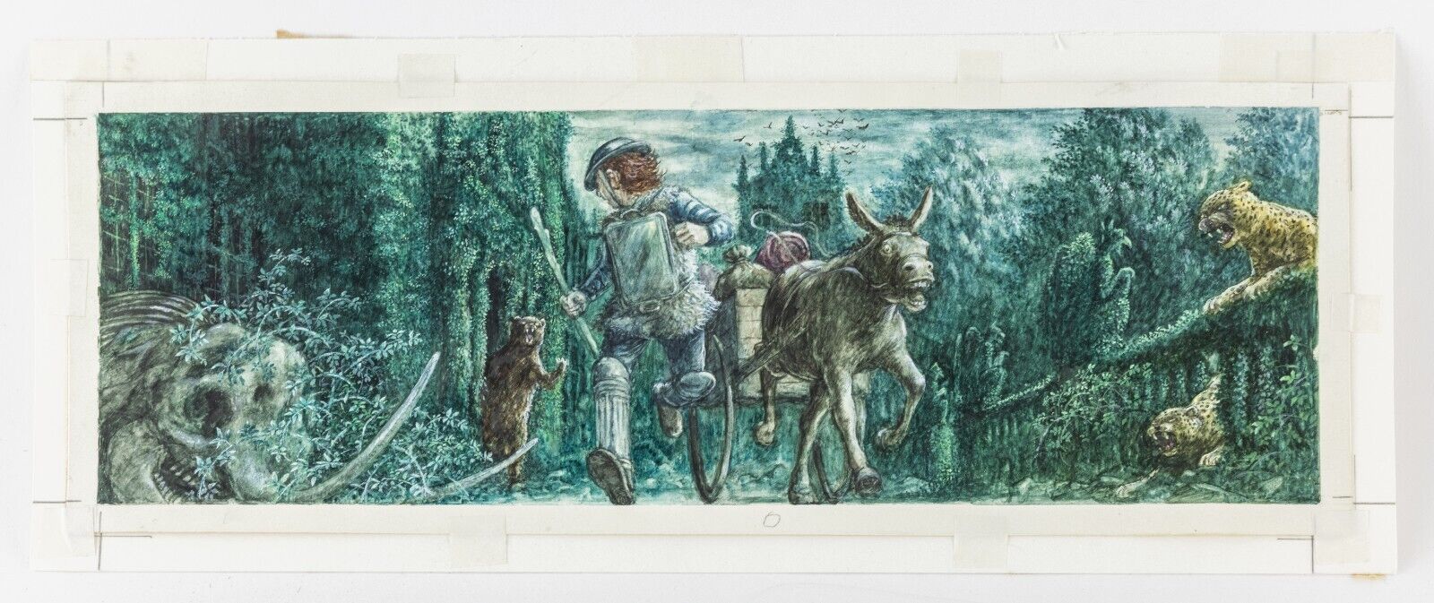 GRAHAM OAKLEY - FIGURE & CART BEING CHASED BY BEAR & LEOPARDS, ORIGINAL ARTWORK