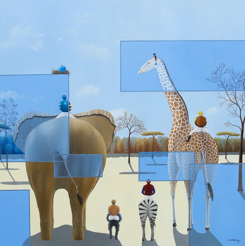 PATRICK SCHILLING - ELEPHANT GIRAFFE ZEBRA & ANIMALS, LARGE OIL PAINTING, SIGNED