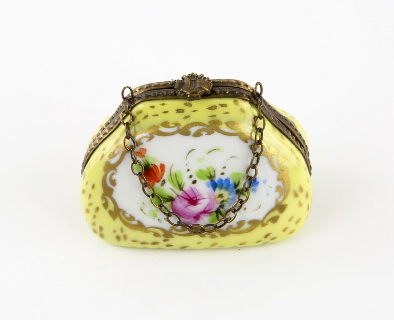 LIMOGES, FRANCE YELLOW FLORAL HANDBAG PURSE ENAMEL TRINKET PILL JEWELLERY BOX
