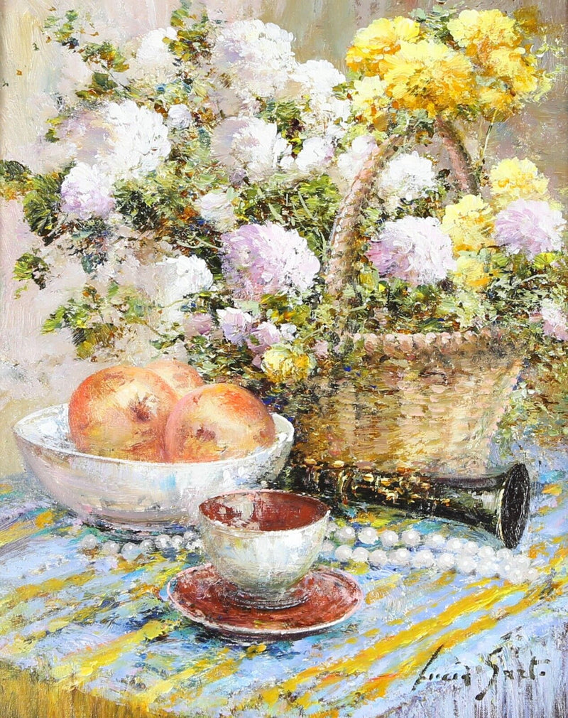 LUCIA SARTO, FRUIT & FLOWERS, STILL LIFE INTERIOR STUDY, OIL PAINTING, SIGNED