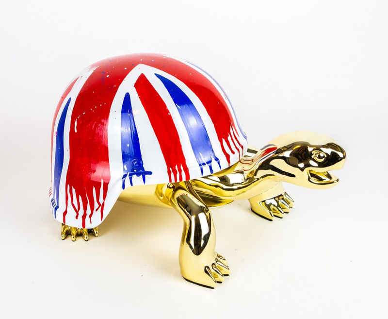 DIEDERIK VAN APPLE 'GOLDEN PEACE TURTLE, UNION JACK' SCULPTURE, BOX & COA