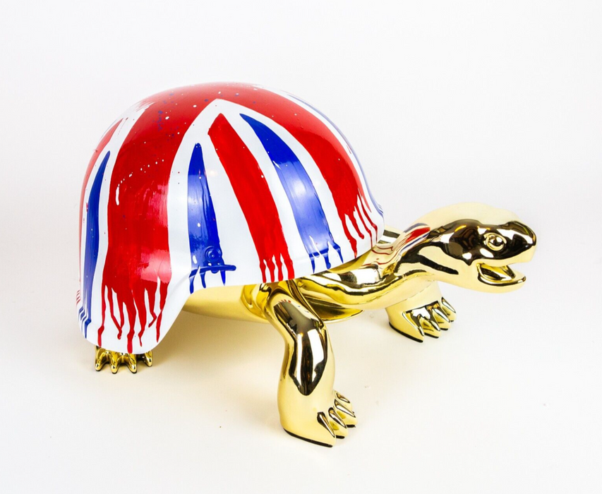 DIEDERIK VAN APPLE 'GOLDEN PEACE TURTLE, UNION JACK' SCULPTURE 59/150, BOX & COA