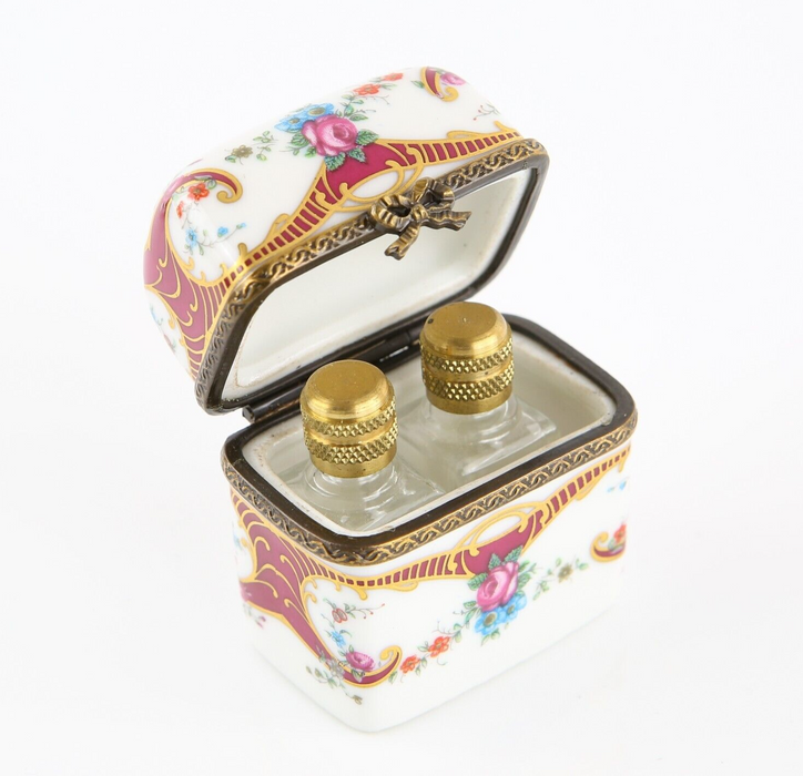 LIMOGES, FRANCE RED AND PINK PERFUME BOTTLES ENAMEL TRINKET PILL JEWELLERY BOX