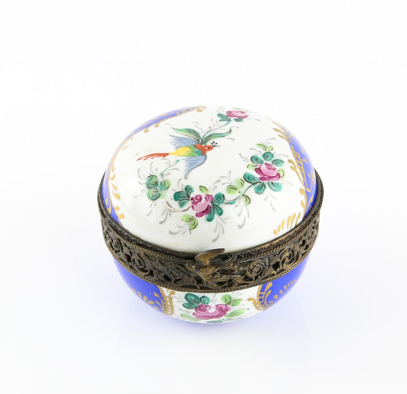 LIMOGES, FRANCE BLUE BIRD FLORAL ROUND TRINKET PILL BOX POT POURI
