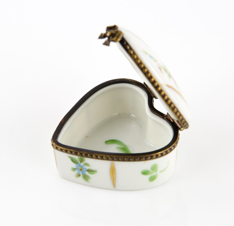 LIMOGES, FRANCE FLORAL GOLD STRIPE HEART ENAMEL TRINKET PILL JEWELLERY BOX