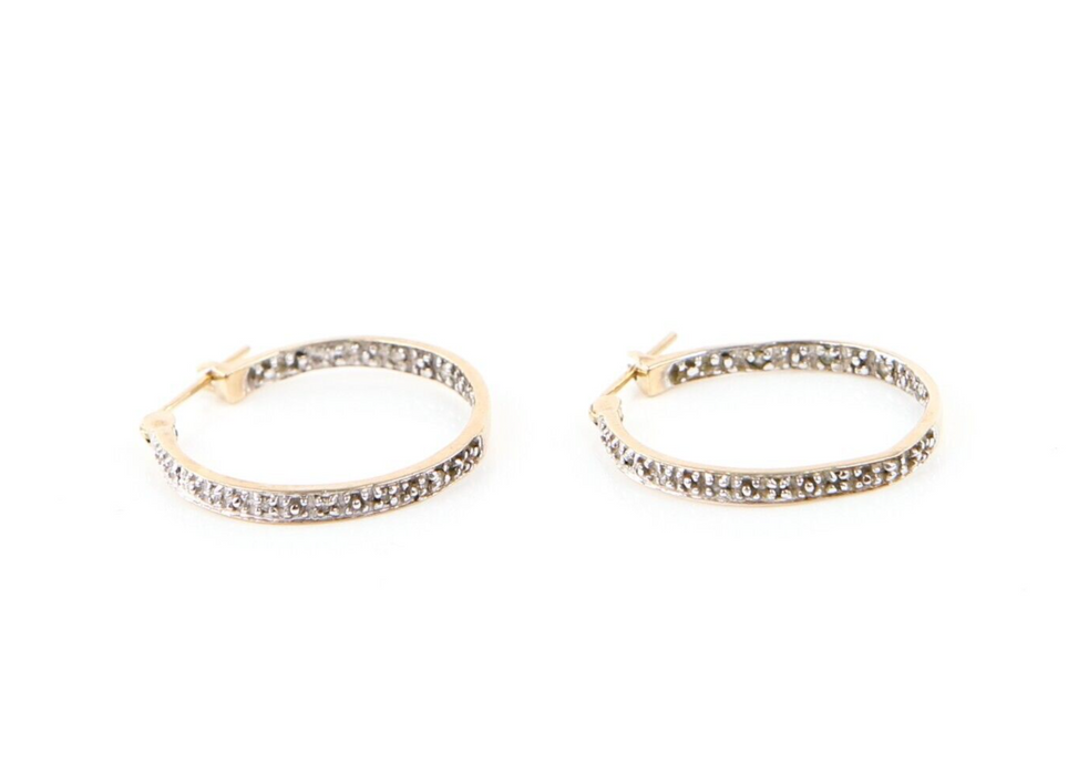 9ct YELLOW GOLD & EMBOSSED WHITE GOLD PATTERN HOOP EARRINGS, 2.5g, HALLMARKED