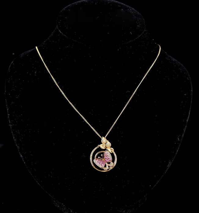 9ct GOLD & PINK/WHITE STONE BUTTERFLY PENDANT on 9ct GOLD CHAIN, HALLMARKED