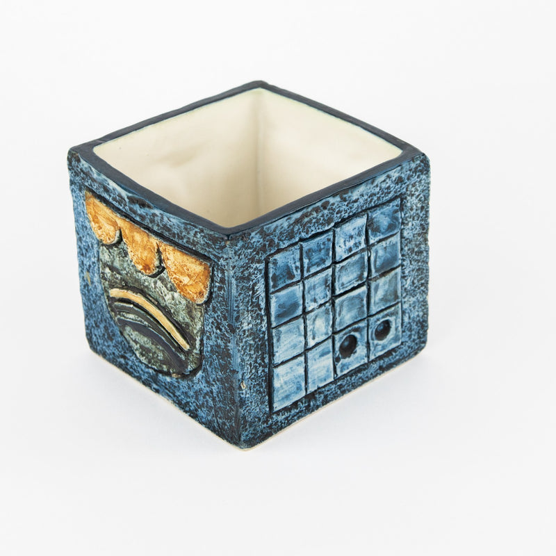 JANE FITZGERALD for TROIKA - CORNWALL STUDIO ART POTTERY BLUE CUBE VASE, SIGNED