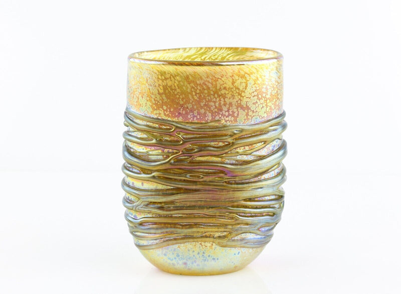 TIMOTHY HARRIS FOR ISLE OF WIGHT 'NIGHTSEA' GOLD COLOURWAY GLASS OPEN VASE