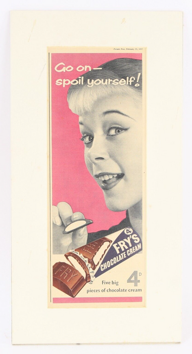 FRY'S CHOCOLATE CREAM - VINTAGE PICTURE POST CADBURYS BAR ADVERT 1957