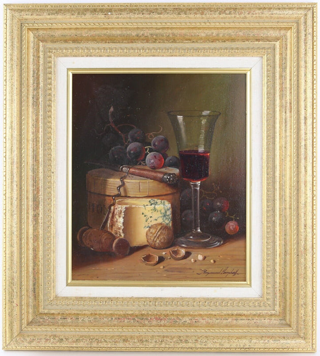 RAYMOND CAMPBELL, STILL LIFE FRUIT GRAPES WINE CHEESE NUTS, OIL PAINTING, SIGNED