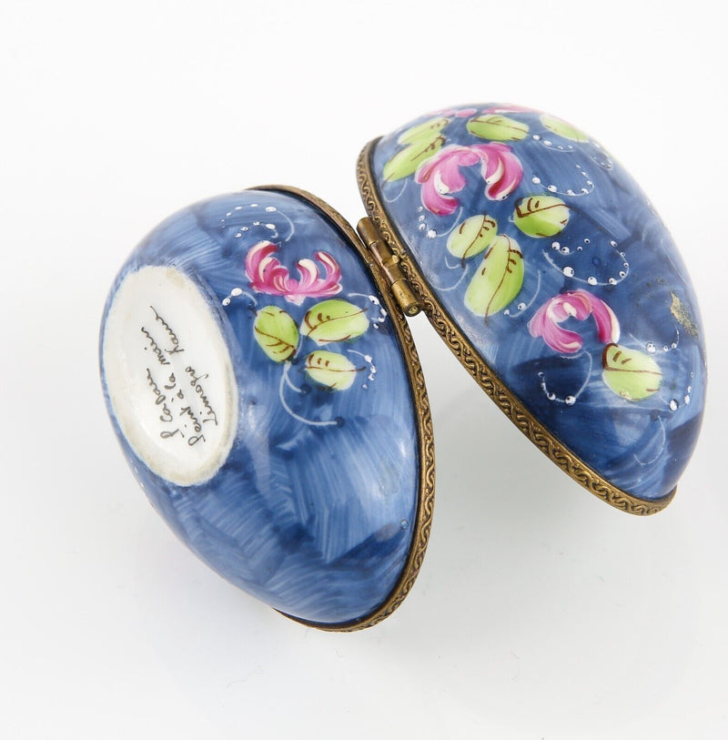 LIMOGES, FRANCE BLUE AND PINK FLORAL EGG ENAMEL TRINKET PILL JEWELLERY BOX