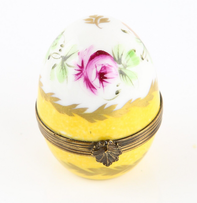 LIMOGES, FRANCE YELLOW FLORAL PERFUME BOTTLE EGG ENAMEL TRINKET PILL BOX