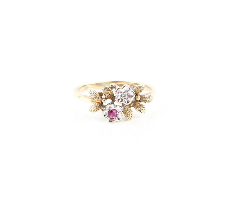 9ct YELLOW GOLD & RED/WHITE STONE FLORAL DRESS RING, 2.1g, HALLMARKED, SIZE O