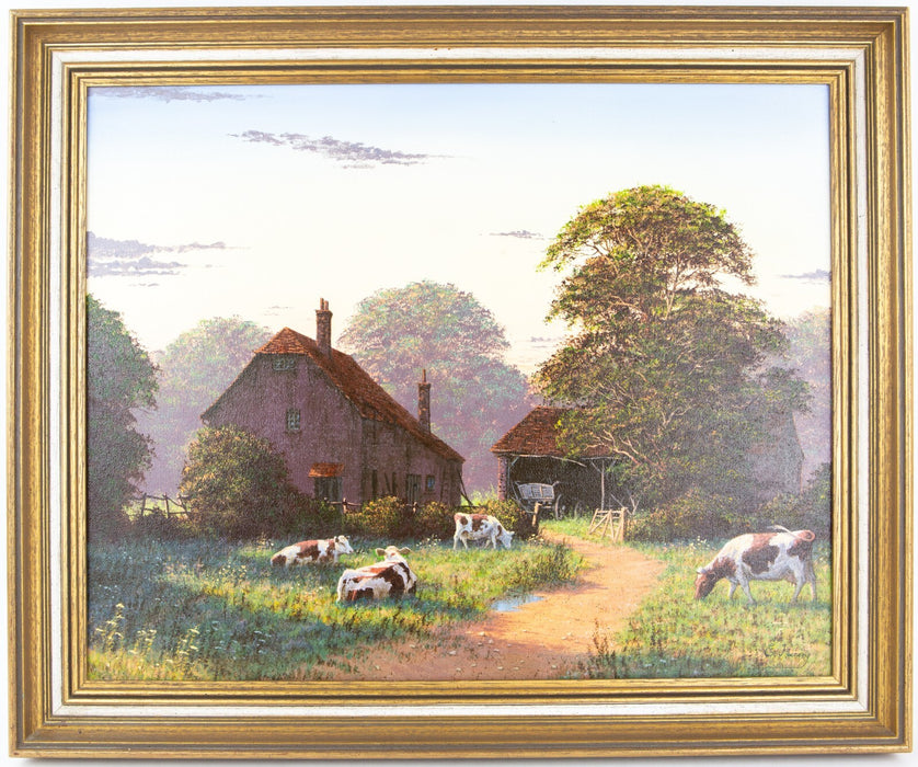 EDWARD HERSEY, 'EARLY EVENING', FARMHOUSE & COWS GRAZING, OIL PAINTING, SIGNED