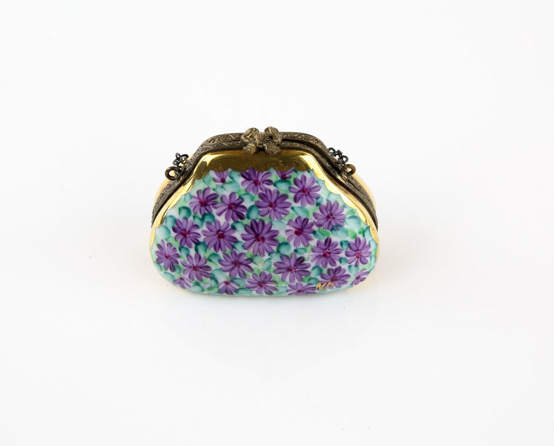 LIMOGES, FRANCE PURPLE FLORAL HANDBAG PURSE ENAMEL TRINKET PILL JEWELLERY BOX