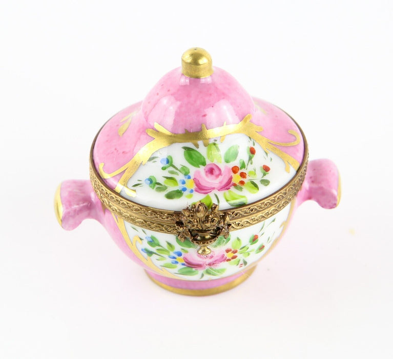 LIMOGES, FRANCE PINK FLORAL HANDLED SOUP TUREEN ENAMEL TRINKET PILL BOX