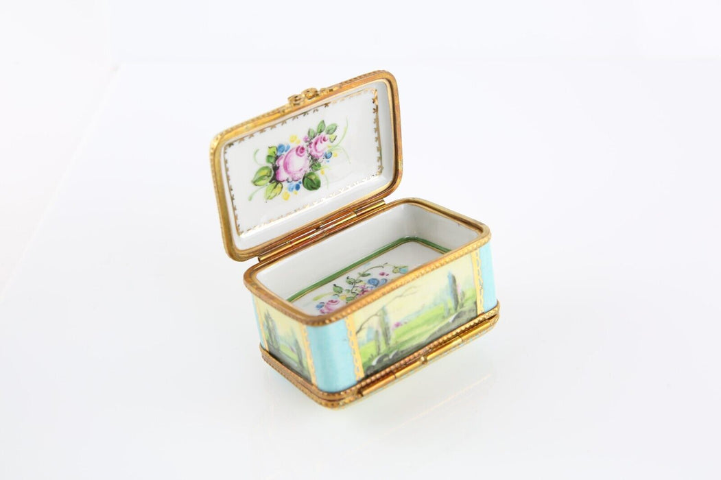 LIMOGES, FRANCE ENAMEL LANDSCAPE SCENE BLUE DOUBLE SIDED RECTANGULAR PILL BOX