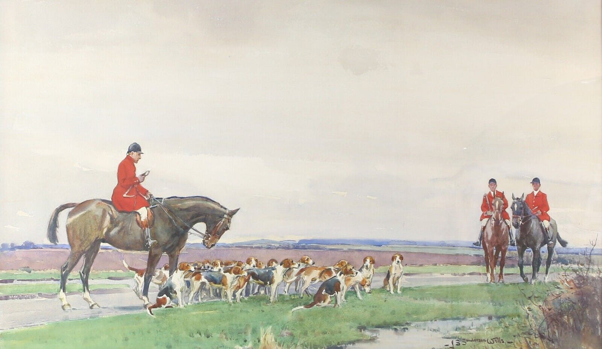 JOHN SANDERSON WELLS, 'THE MEET', HUNTING SCENE, WATERCOLOUR PAINTING, SIGNED