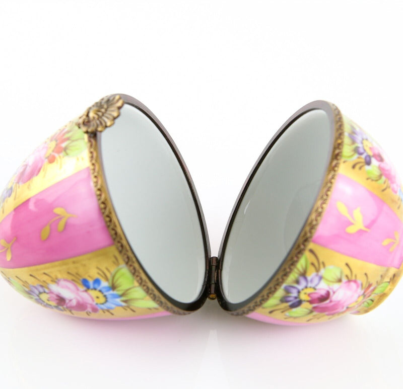 LIMOGES, FRANCE PINK AND GOLD STRIPE FLORAL EGG SHAPED PILL TRINKET BOX