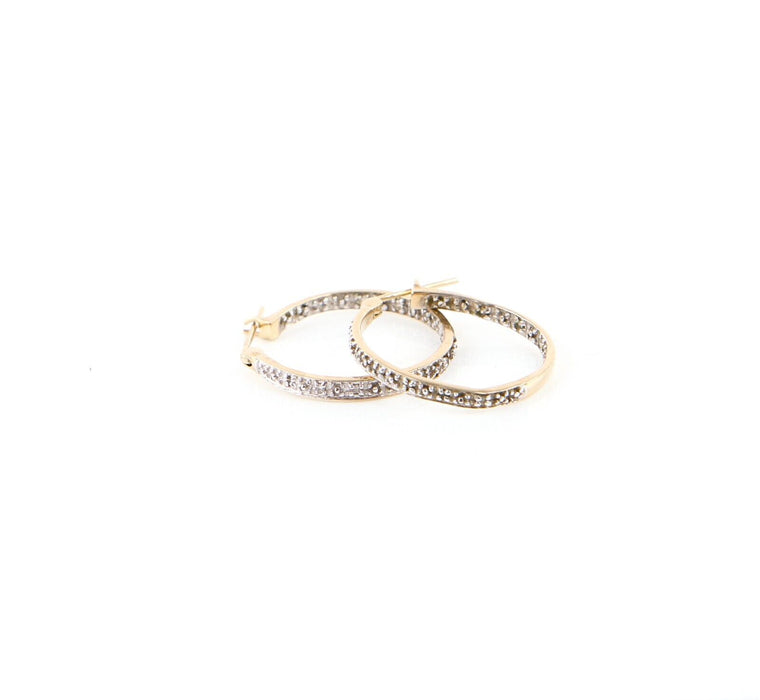 9ct YELLOW GOLD & EMBOSSED WHITE GOLD PATTERN HOOP EARRINGS, 2.5g, HALLMARKED