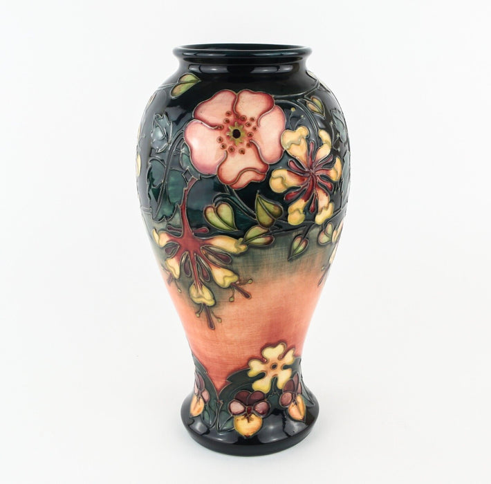 MOORCROFT POTTERY ‘OBERON’ LARGE RACHEL BISHOP HONEY SUCKLE FLORAL FLOWER VASE