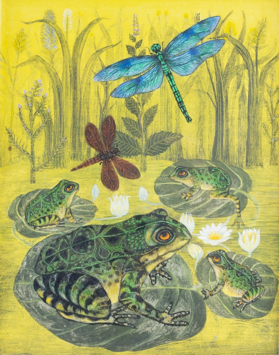 SHEILA FLINN, 'FROGS AND DRAGONFLIES', ORIGINAL OIL PAINTING, SIGNED