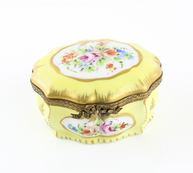 LIMOGES, FRANCE YELLOW FLORAL CERAMIC LIDDED PILL TRINKET BOX