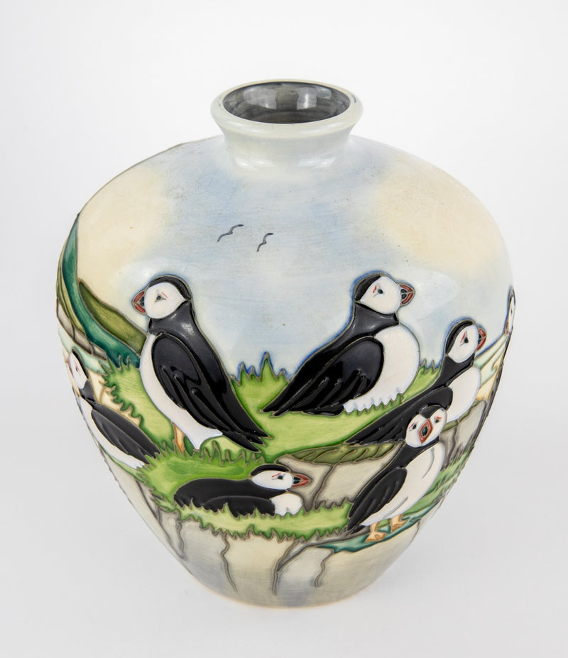 MOORCROFT POTTERY 'PUFFIN' 1997 CAROL LOVATT OVOID VASE, BOXED