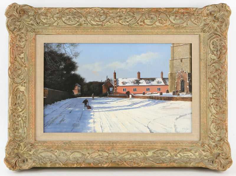 CLIVE MADGWICK, 'LITTLE WALDINGFIELD', SNOWY CHURCH SCENE, OIL PAINTING, SIGNED