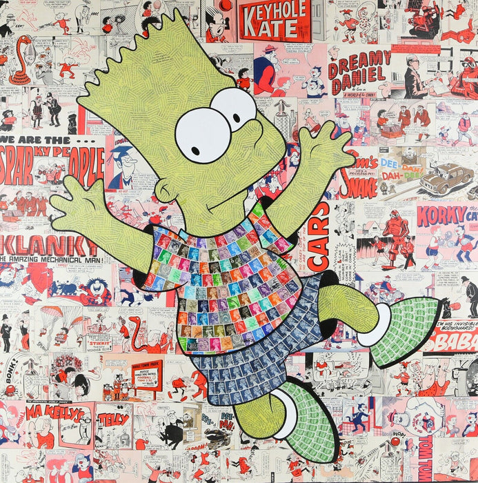 BART SIMPSON - ROBIN COLEMAN ORIGINAL STAMP BEANO DANDY COMIC COLLAGE PAINTING