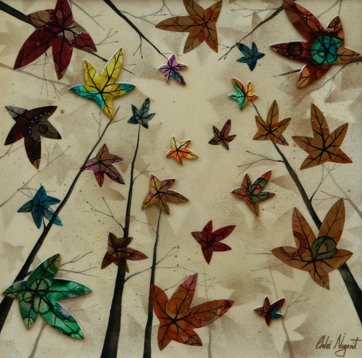 CHLOE NUGENT, 'VORTEX WOOD', TREE LEAVES, ORIGINAL MIXED MEDIA PAINTING, SIGNED