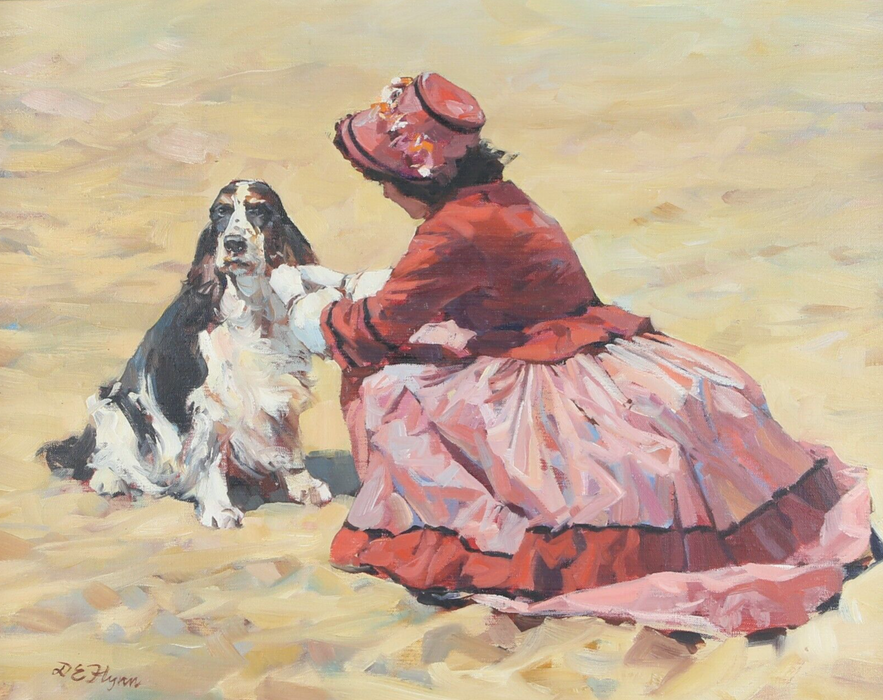 DIANNE E FLYNN, WOMAN AND SPANIEL ON BEACH STUDY, ORIGINAL OIL PAINTING, SIGNED