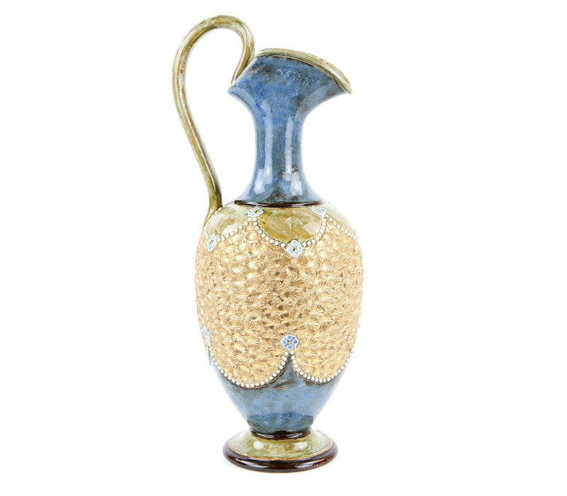DOULTON LAMBETH - LARGE BLUE/GREEN GILT FLORAL BEADED STONEWARE EWER JUG 8293